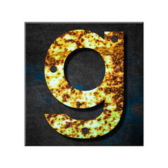 Letter g. Lower case. Alphabet from letters, from rusty iron, on a wooden plank. Isolated on white background. Education. Design