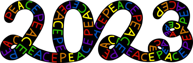 Happy new year 2023, vector horizontal banner. Ribbon iridescent inscription PEACE on black numbers 2023. Lgbt flag color. Isolated on white background.