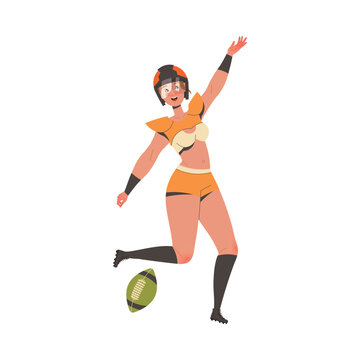 Woman Rugby Player in Helmet and Uniform Playing American Football Game Running with Oval Ball Vector Illustration