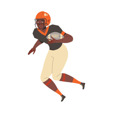 Man Rugby Player in Helmet and Uniform Playing American Football Game Running with Oval Ball in Hand Vector Illustration