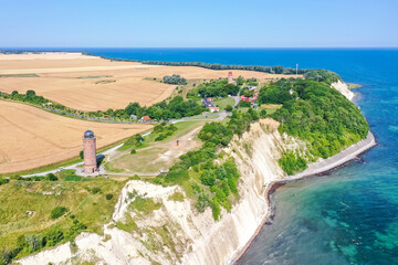 Aerial view of Kap Arkona on Rügen island at the Baltic Sea with lighthouse and chalk cliffs in...