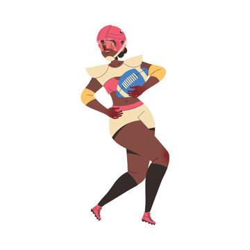 Woman Rugby Player in Helmet and Uniform Playing American Football Game Running with Oval Ball in Hand Vector Illustration