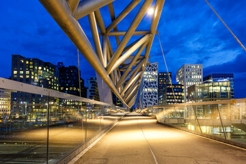 Oslo skyline modern city architecture buildings with a bridge at Barcode District by night in Norway