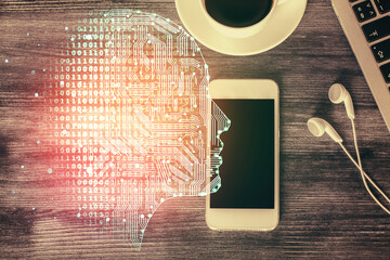 Multi exposure of brain drawing over work table desktop. Top view. Global data analysis concept.