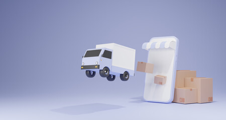 E-commerce concept, Delivery service on mobile application, Transportation delivery by truck.