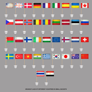 Set of grunge flags on a stick in a little bucket. Isolated on a gray background. Design element. Signs and symbols.