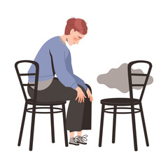 Stressed Man Character Feeling Sadness and Loneliness Sitting on Chair Vector Illustration