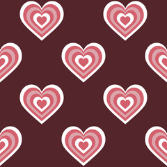 Hearts with pink and white stripes on a brown background. Seamless vector pattern. Illustration for creative modern designs, greeting cards, prints, designer packaging, textiles, packages.