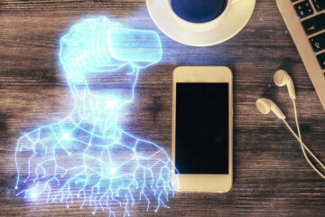 Naklejka premium Double exposure of drawing man in AR glasses over table with phone. Top view. VR concept.