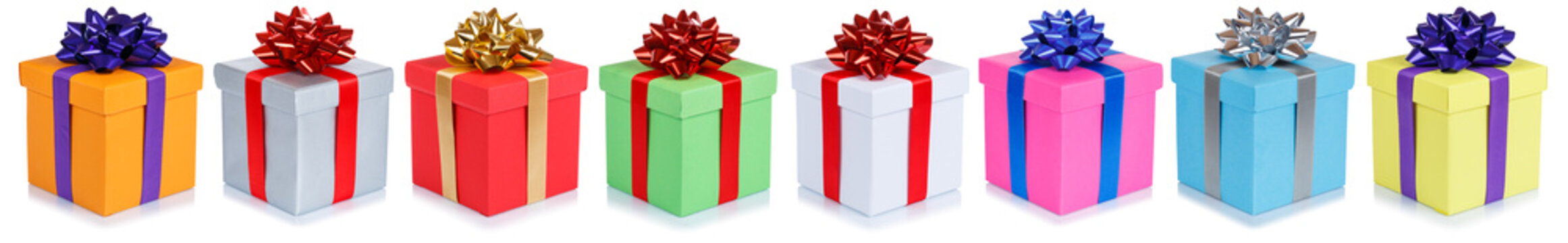 Christmas And Birthday Gifts Presents In A Row Collage Isolated On A White Background