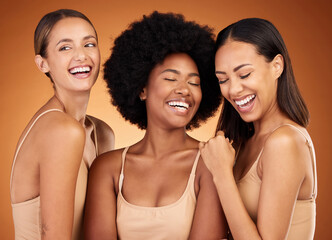 Happy, beauty and women diversity of model group laughing together. People or girl friends smile feeling calm, female empowerment and skincare happiness experience feeling comfortable in their skin