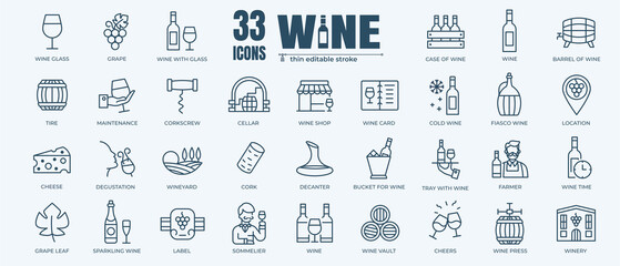 Wine icon set with stroke and white background. Thin line style stock of Grape, Glass, Barrel, Cheese, Vineyard icon. Design signs for restaurant menus, web pages, mobile apps and packaging. - obrazy, fototapety, plakaty