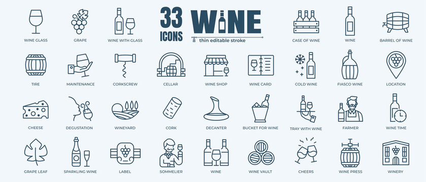 Wine icon set with stroke and white background. Thin line style stock of Grape, Glass, Barrel, Cheese, Vineyard icon. Design signs for restaurant menus, web pages, mobile apps and packaging.