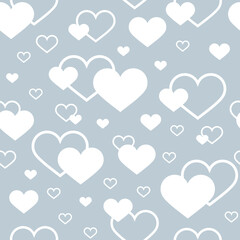Seamless vector pattern. White hearts and outlines hearts on a gray background. Holidays illustration. For holiday designs, greeting cards, prints, designer packaging, stylish textile, and fabric.
