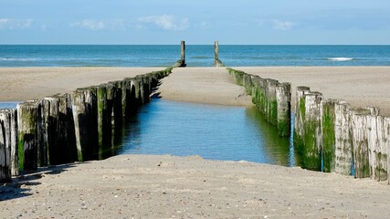 Wellenbrecher aus Holz am Nordseestrand
