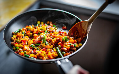 cooking tasty vegetable mix with corn, pea, beans in pan on kitchen