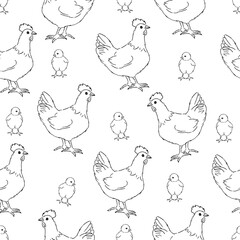 Seamless pattern with feathers and chickens with chick, outline contour . Agricultural background.