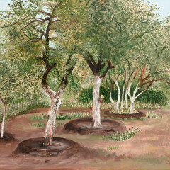 Painting oil on paperboard "Whitewashed trees in the garden at the beginning of summer". Square composition