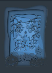 Paper illustration of happy Halloween laughingpumpkins in a haunted forest and a dark mansion