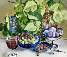 Painting oil on paperboard "Still life with wine and a bird"
