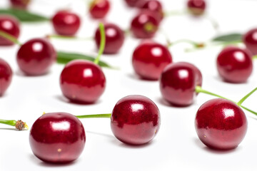 Obraz na płótnie Canvas Cherry isolated. Sour cherry. Cherries with leaves on white background. Sour cherries on white