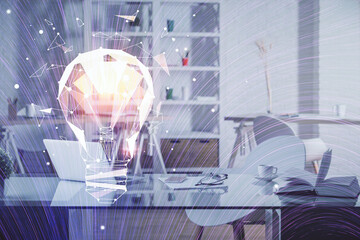 Double exposure of bulb and office interior background. Concept of idea.