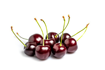 Fresh black sweet cherry fruit on white background.
