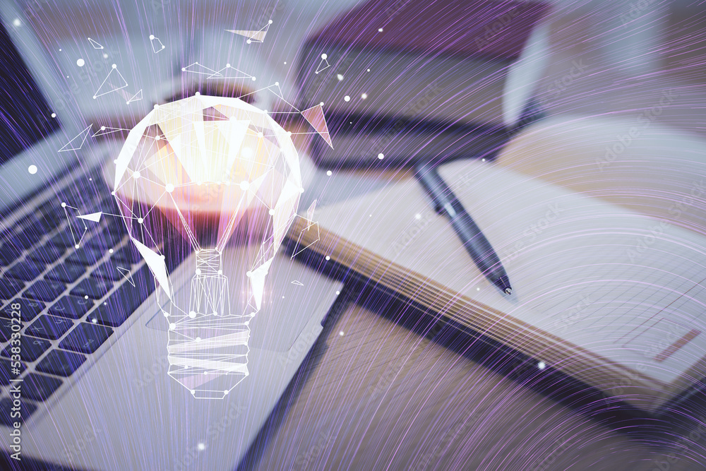Poster double exposure of bulb drawing and desktop with coffee and items on table background. concept of id