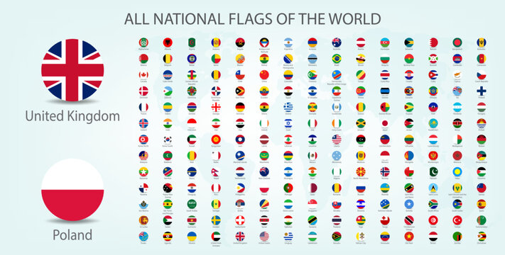 All national flags of the world with names - round shape with shadow flag isolated on white background