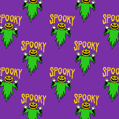 Fototapeta na wymiar color spooky pumpkin ghost with an inscription seamless pattern on a colored background