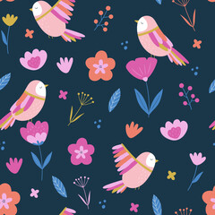 Vector seamless pattern with  birds, flowers, leaves, berries  in folklore style on a dark background. Doodle illustrations with stylized decorative floral elements. For textiles, clothing, bed linen.