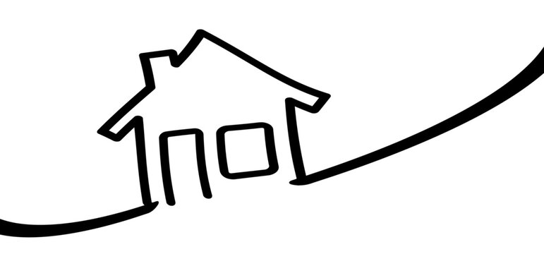 House, home line pattern. For sale signboard. Cartoon board icon or logo. Agent to advertise a house listing. Cartoon house for sell logo. Sales or sold. Communication, marketing idea.