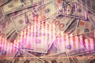 Multi exposure of forex chart drawing over us dollars bill background. Concept of financial success markets.
