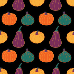Cool pumpkins on a black background. Seamless vector pattern. Autumn illustrations for holiday decorations, postcards, banners, festive wrapping paper, modern prints, bright fabrics, and textiles.
