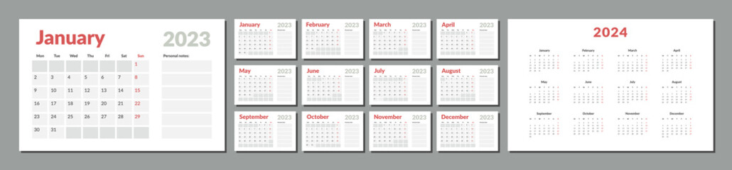 2023-2024 Calendar Planner Template with place for notes. Vector layout of a wall or desk simple calendar with week start monday. Calendar grid in grey color for print