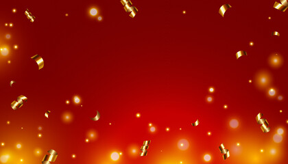 Fototapeta na wymiar Golden serpentine confetti with bokeh on red background. Vector luxury background with bright festive tinsel of gold color for banner, poster or holiday card decoration.