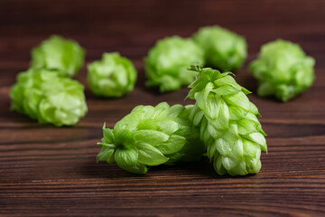 Fresh green hops on a wooden table. close up