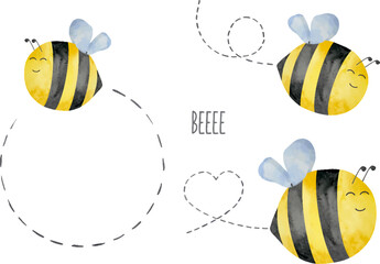 Set of watercolor cute bees with flight path, honey, summer theme. Honey design for baby.