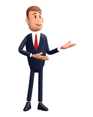 3D cartoon businessman with presentation gesture. Businessman 3D character