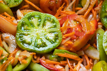 Homemade food. Marinated tomatoes with carrot. Preservation. Marinated tomatoes.
