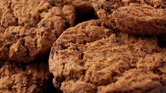 Gastronomy and food concept. Oatmeal cookies rotating. Homemade organic food. Close-up in 4K, UHD