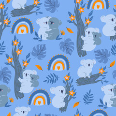 Seamless pattern with cute koalas, rainbows and leaves. Vector graphics.
