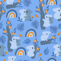 Seamless pattern with cute koalas, rainbows and leaves. Vector graphics. © Екатерина Зирина