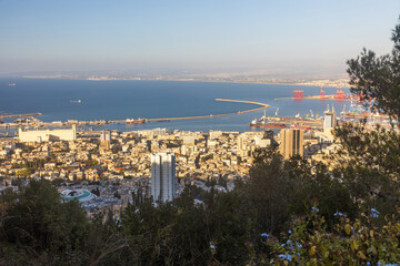 Fototapeta na wymiar Panorama of the city and port of Haifa. View from Caramel Hill to Haifa.