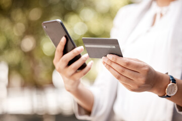 Phone, woman online shopping credit card payment and using e commerce fintech software system. Security banking app financial purchase, digital banking details and modern woman mobile retail shopping