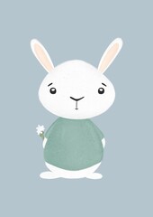 White rabbit with flowers, children's illustration.