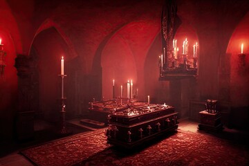 interior of Dracula castle, victorian furnitures and coffin illuminated by candlesticks in horror Halloween theme. Gothic atmosphere inside of Ancient vampire castle for games background. 3d rendering - obrazy, fototapety, plakaty