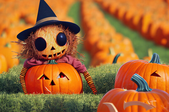 Cute kawaii scarecrow in a pumpkin field, jack o lantern,  halloween themed, made by AI