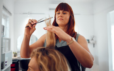 Hairdresser, salon and haircut, woman and hair, comb and scissors for beauty and hair care service....