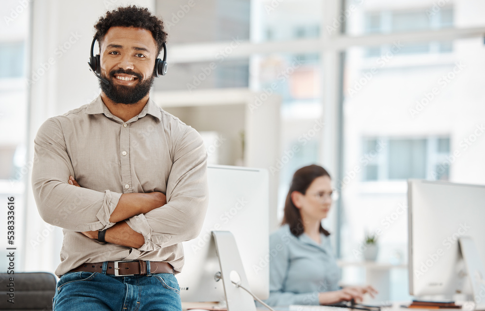 Poster call center, pride and businessman consulting, working and talking at a telemarketing company. portr